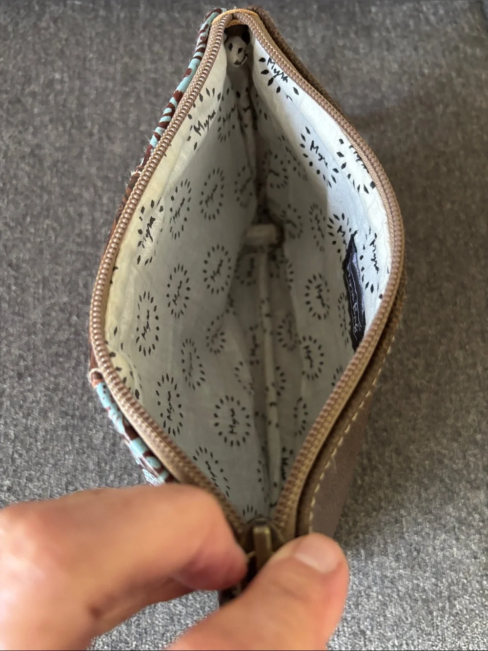 Myra Bag Brown and Light Blue Tooled Leather Wristlet with Turquoise Concho